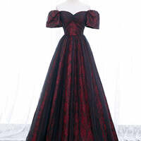 Elegant Burgundy Printing Prom DressesA-Line / Princess Off-The-Shoulder Puffy Short Sleeve Backless Floor-Length / Long Formal Dresses - Thumbnail 4