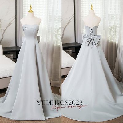 Silver Grey Smooth Satin Prom Dresses Strapless Bow-Tie Formal Dress 