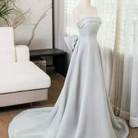 Silver Grey Smooth Satin Prom Dresses Strapless Bow-Tie Formal Dress  - Thumbnail 4