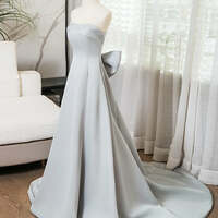 Silver Grey Smooth Satin Prom Dresses Strapless Bow-Tie Formal Dress  - Thumbnail 5