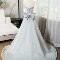 Silver Grey Smooth Satin Prom Dresses Strapless Bow-Tie Formal Dress  - Thumbnail 2