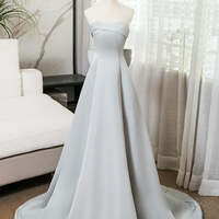 Silver Grey Smooth Satin Prom Dresses Strapless Bow-Tie Formal Dress  - Thumbnail 1