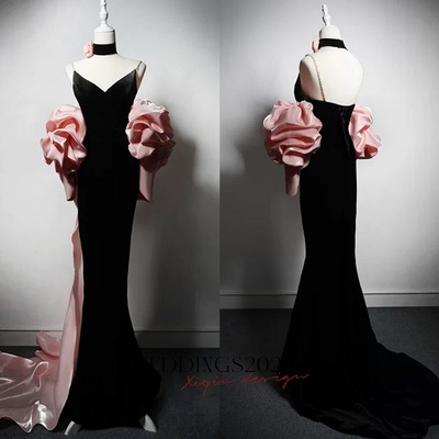 Black and Pink Velvet Evening Dress with V-Neck - Mermaid Dress Evening Gown with Pink Floral Accents Plus Size