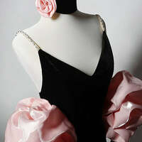 Black and Pink Velvet Evening Dress with V-Neck - Mermaid Dress Evening Gown with Pink Floral Accents Plus Size - Thumbnail 3