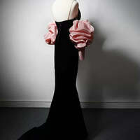 Black and Pink Velvet Evening Dress with V-Neck - Mermaid Dress Evening Gown with Pink Floral Accents Plus Size - Thumbnail 2