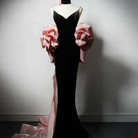 Black and Pink Velvet Evening Dress with V-Neck - Mermaid Dress Evening Gown with Pink Floral Accents Plus Size - Thumbnail 1