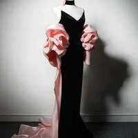 Black and Pink Velvet Evening Dress with V-Neck - Mermaid Dress Evening Gown with Pink Floral Accents Plus Size - Thumbnail 5