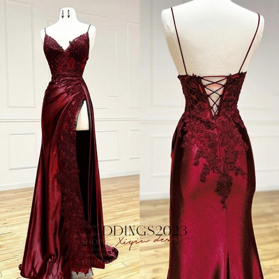 Burgundy V Neck Satin Lace Long Prom Dress, Burgundy Lace Long Evening Dress