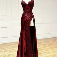 Burgundy V Neck Satin Lace Long Prom Dress, Burgundy Lace Long Evening Dress - Thumbnail 1