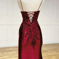 Burgundy V Neck Satin Lace Long Prom Dress, Burgundy Lace Long Evening Dress - Thumbnail 3
