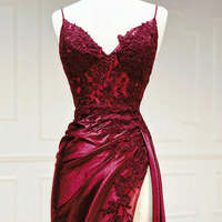 Burgundy V Neck Satin Lace Long Prom Dress, Burgundy Lace Long Evening Dress - Thumbnail 2