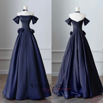 Dark Blue Long Formal Dress,A-Line Off Shoulder Satin Dark Blue Long Prom Dress