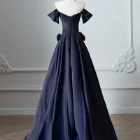 Dark Blue Long Formal Dress,A-Line Off Shoulder Satin Dark Blue Long Prom Dress - Thumbnail 2