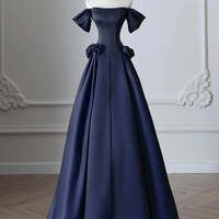 Dark Blue Long Formal Dress,A-Line Off Shoulder Satin Dark Blue Long Prom Dress - Thumbnail 1