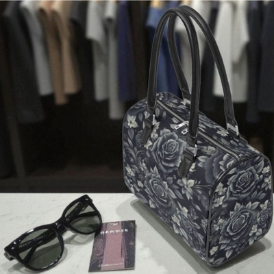 Gothic black rose leather bag - dark floral travel bag with handles - elegant gray roses bag - victorian gothic fashion handbag | free ship