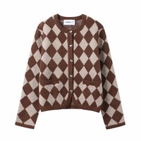 Versatile round neck single-breasted diamond pattern jacquard knitted coat sweater cardigan - Thumbnail 1