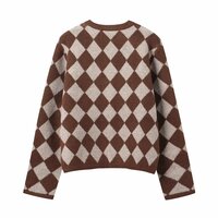 Versatile round neck single-breasted diamond pattern jacquard knitted coat sweater cardigan - Thumbnail 2
