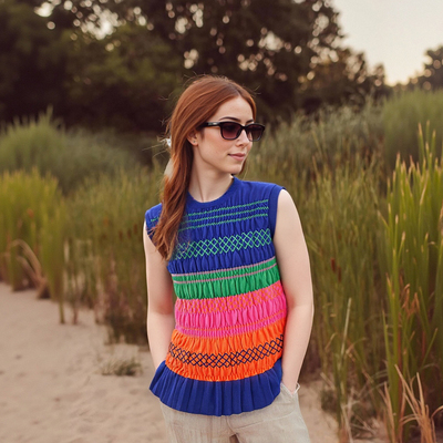 Fashionable color-block honeycomb sleeveless knitted top