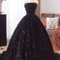 Black Sequins Long A-Line Prom Evening Gown - Thumbnail 1