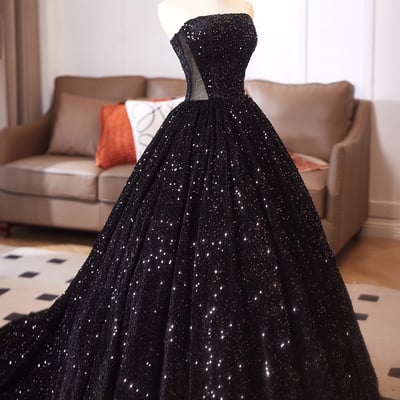 Black sequins long a-line prom evening gown - Thumbnail 1