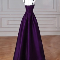 Simple A-Line Dark Purple Satin Long Prom Dress, Dark Purple Long Formal Dress - Thumbnail 3