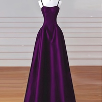 Simple A-Line Dark Purple Satin Long Prom Dress, Dark Purple Long Formal Dress - Thumbnail 1