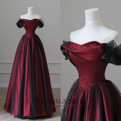 Black Tulle and Burgundy Satin Long Prom Dress, Charming A-Line Party Dress