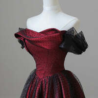 Black Tulle and Burgundy Satin Long Prom Dress, Charming A-Line Party Dress - Thumbnail 2