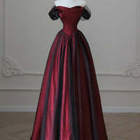 Black Tulle and Burgundy Satin Long Prom Dress, Charming A-Line Party Dress - Thumbnail 1