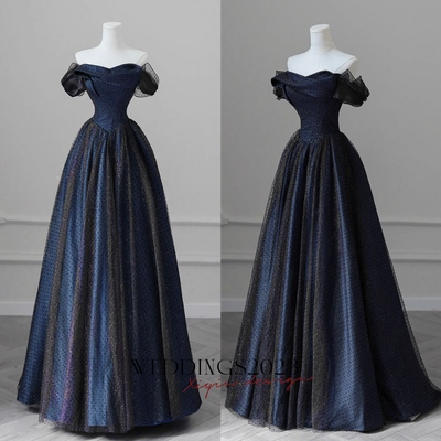 Black Tulle and Dark Blue Satin Long Prom Dress, Charming A-Line Party Dress
