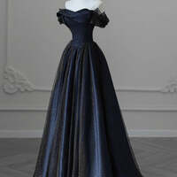Black Tulle and Dark Blue Satin Long Prom Dress, Charming A-Line Party Dress - Thumbnail 1