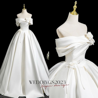Simple ivory appliques satin floor-length / long wedding dresses  ball gown off-the-shoulder short sleeve backless