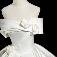 Simple Ivory Appliques Satin Floor-Length / Long Wedding Dresses  Ball Gown Off-The-Shoulder Short Sleeve Backless - Thumbnail 6