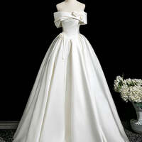 Simple Ivory Appliques Satin Floor-Length / Long Wedding Dresses  Ball Gown Off-The-Shoulder Short Sleeve Backless - Thumbnail 1