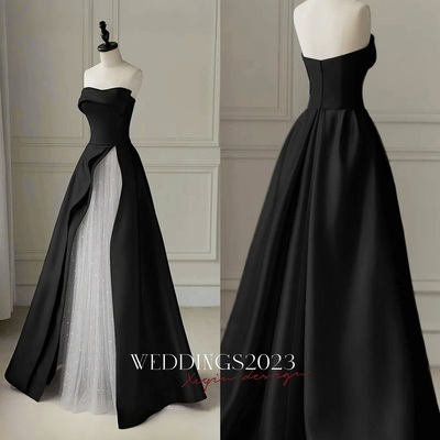 Black white a line long prom dresses, long black white formal evening dresses
