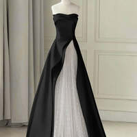 Black White A Line Long Prom Dresses, Long Black White Formal Evening Dresses - Thumbnail 3