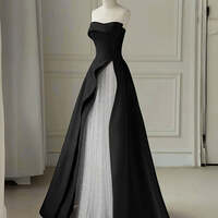 Black White A Line Long Prom Dresses, Long Black White Formal Evening Dresses - Thumbnail 1