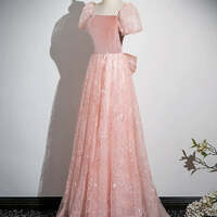 Pink Long Formal Dress,A-Line Tulle Lace Velvet Pink Long Prom Dress  - Thumbnail 2
