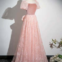 Pink Long Formal Dress,A-Line Tulle Lace Velvet Pink Long Prom Dress  - Thumbnail 4