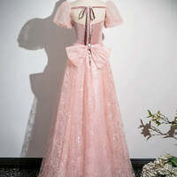 Pink Long Formal Dress,A-Line Tulle Lace Velvet Pink Long Prom Dress  - Thumbnail 3