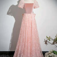 Pink Long Formal Dress,A-Line Tulle Lace Velvet Pink Long Prom Dress  - Thumbnail 1
