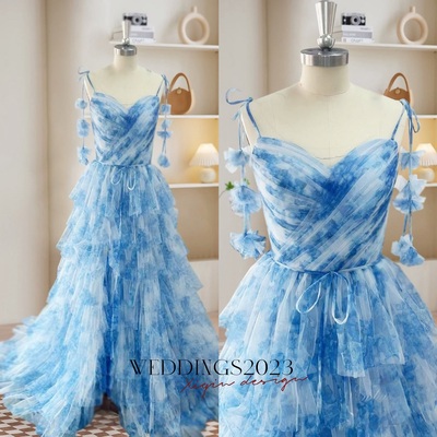 Blue long formal dress,a-line tulle blue long prom dress