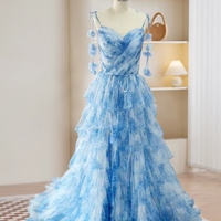 Blue Long Formal Dress,A-Line Tulle Blue Long Prom Dress - Thumbnail 1