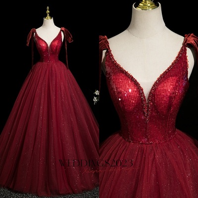Burgundy Beading Sequins Prom Dresses Bling Bling Ball Gown Spaghetti Straps Sleeveless Backless Floor-Length / Long Formal Dresses