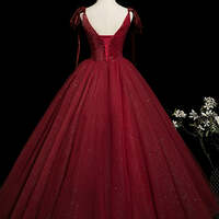 Burgundy Beading Sequins Prom Dresses Bling Bling Ball Gown Spaghetti Straps Sleeveless Backless Floor-Length / Long Formal Dresses - Thumbnail 2