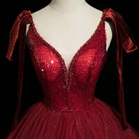 Burgundy Beading Sequins Prom Dresses Bling Bling Ball Gown Spaghetti Straps Sleeveless Backless Floor-Length / Long Formal Dresses - Thumbnail 5