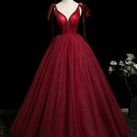 Burgundy Beading Sequins Prom Dresses Bling Bling Ball Gown Spaghetti Straps Sleeveless Backless Floor-Length / Long Formal Dresses - Thumbnail 6