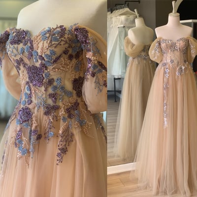 Champagne Prom Dresses Off Shoulder with Beading