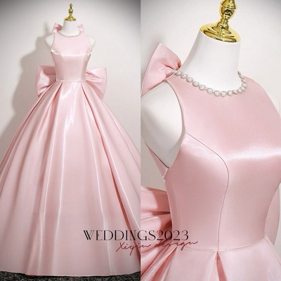 Lovely Pink Satin Prom Dresses Ball Gown Square Neckline Sleeveless Backless Bow Floor-Length / Long Formal Dresses