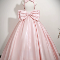 Lovely Pink Satin Prom Dresses Ball Gown Square Neckline Sleeveless Backless Bow Floor-Length / Long Formal Dresses - Thumbnail 4